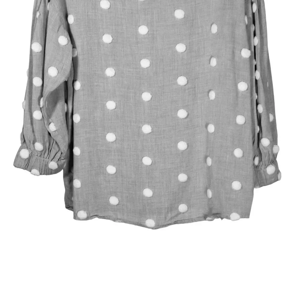 Zara Women's Blouse Gray White Polka Dot Pom Pom Puff Sleeve Coquette Top Small